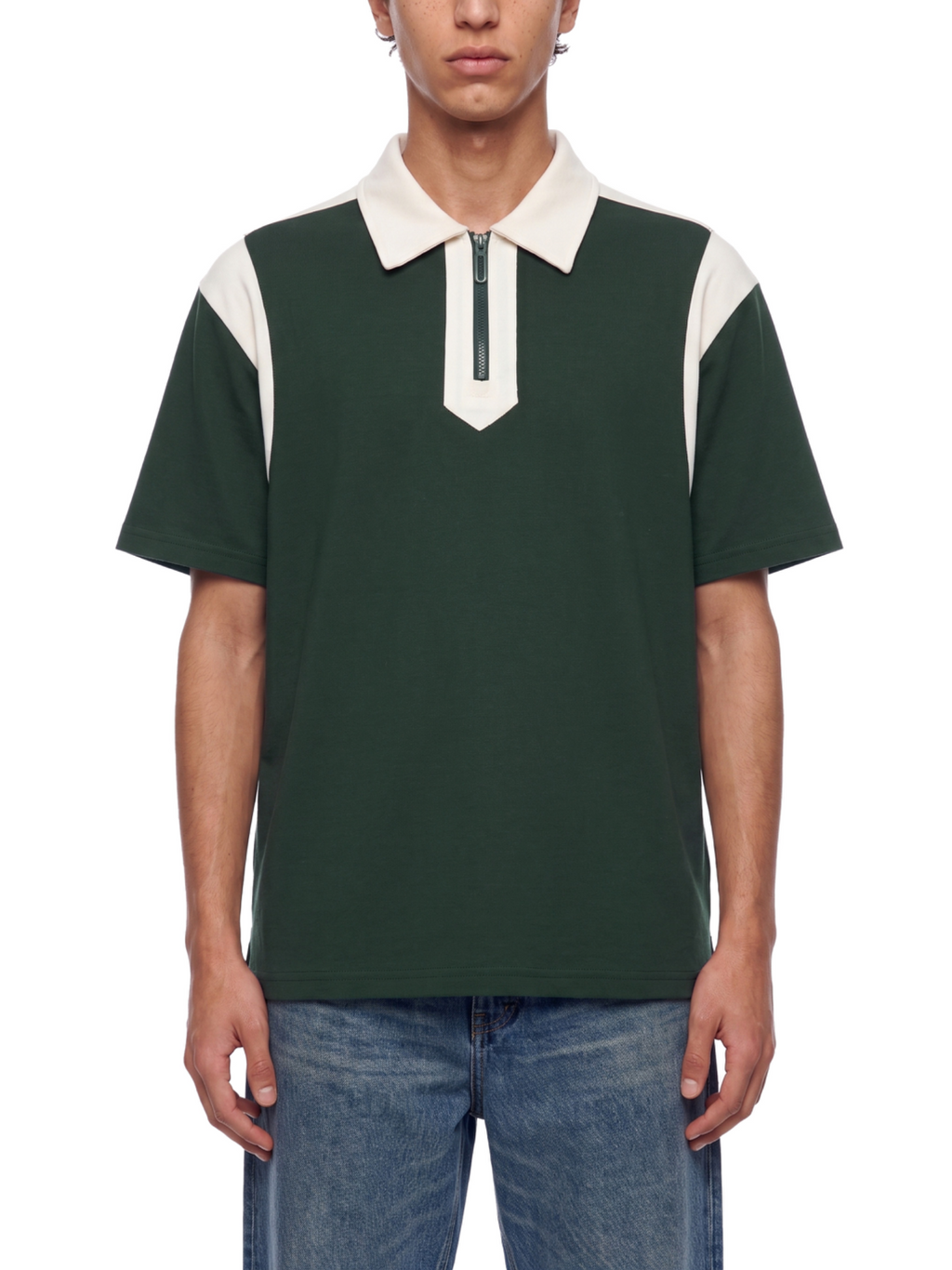 Green color block quarter zip polo on model front