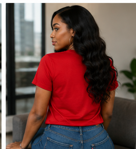 Woman modeling red PRETTY POISED POWERFUL tee back view