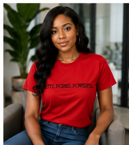 Woman modeling red PRETTY POISED POWERFUL embroidered tee front view