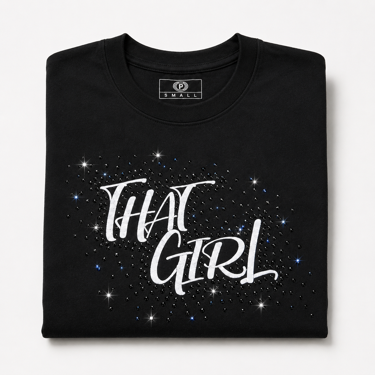 Folded black THAT GIRL rhinestone statement tee